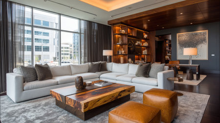 Layered lighting design in a modern apartment with ambient, task, and accent lighting enhancing interiorsの素材