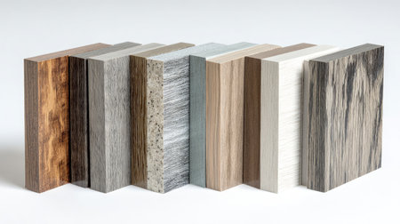 Matte and glossy cabinet finish samples in a modern neutral color rangeの素材