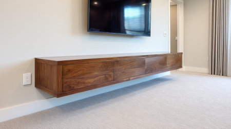 Minimalist entertainment area with clean media console, hidden wiring, and wall-mounted TVの素材