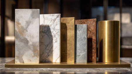 Luxury surface samples including marble, suede, and brushed brass on display boardの素材