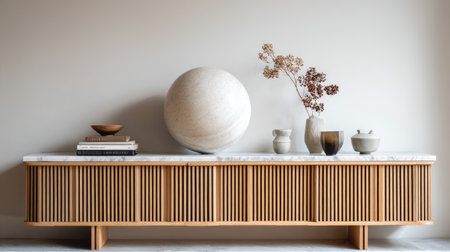 Modern decor vignette with sculpture, books, and neutral textures on minimalist sideboardの素材
