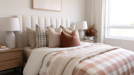 Modern bedroom with layered linens, neutral-toned throw pillows, and minimalist wall decor creating a cozy atmosphereの素材