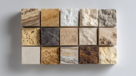 Natural stone samples for wall cladding arranged in a grid layout for interior projectsの素材