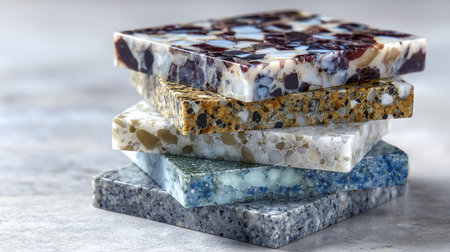 Sample stack of engineered quartz slabs for kitchen and bathroom interior applicationsの素材