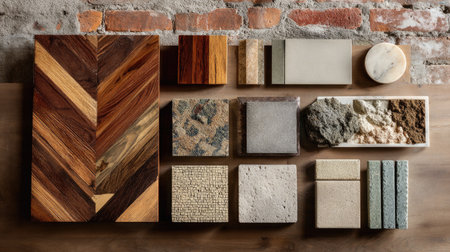 Rustic material mix with reclaimed wood, exposed brick, and cement samples on tableの素材