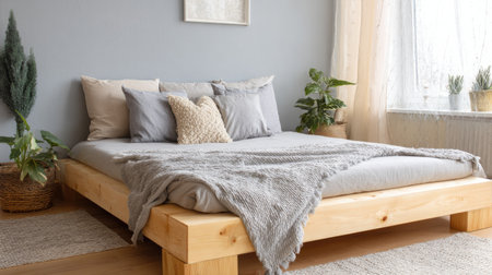Scandinavian-inspired bedroom featuring light wood accents, soft textiles, and simple decor for a calming effectの素材