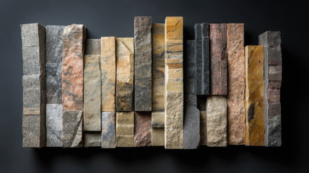 Stone veneer samples arranged on black background for elegant wall and fireplace designの素材