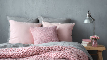 Soft pastel-themed bedroom with minimalist decor and cozy bedding arrangementの素材
