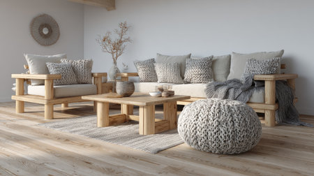 Scandinavian-inspired living room featuring light wood furniture, cozy textiles, and minimal decor elementsの素材