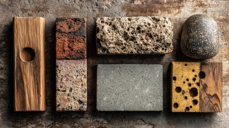 Rustic material mix with reclaimed wood, exposed brick, and cement samples on tableの素材