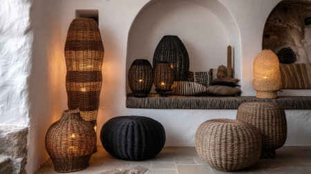 Artistic Boho living room featuring woven lanterns, soft lighting, and earthy materialsの素材