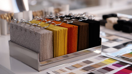 Designer desk with open design binder featuring fabric textures and color swatchesの素材