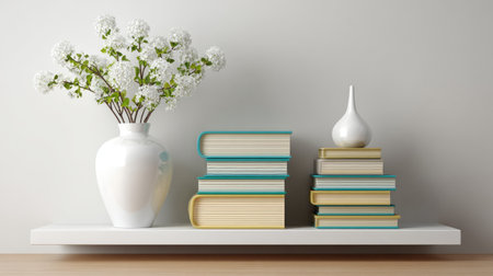 Floating shelves with one vase and neatly stacked books against a plain backgroundの素材