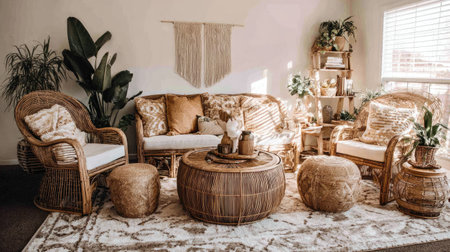 Relaxed sitting area with Moroccan carpet, wicker furniture, and layered accessoriesの素材