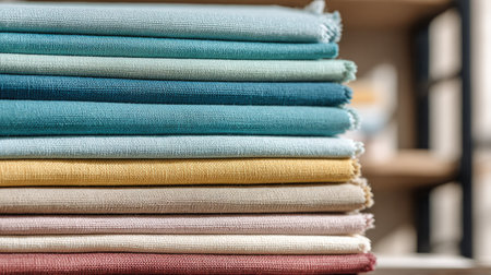 Pile of soft velvet and linen fabric samples in calming pastel tones for interior stylingの素材