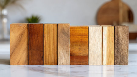 Samples of natural wood flooring in different finishes arranged neatly on a white tableの素材