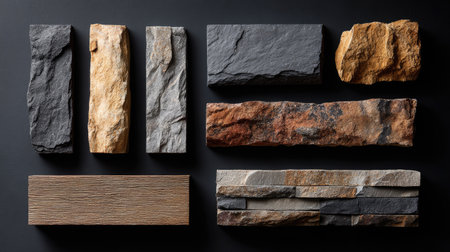 Stone veneer samples arranged on black background for elegant wall and fireplace designの素材