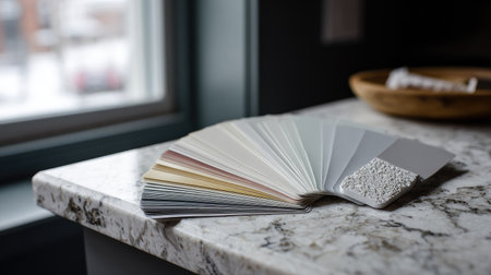 Wall paint swatches in neutral and bold tones fanned out on a stone countertopの素材