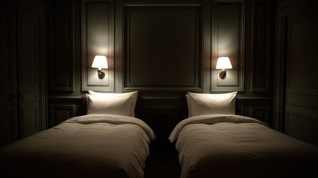 Wall-mounted night lamps paired with symmetrical bedroom decor and clean linensの素材