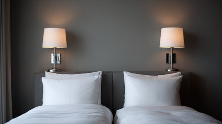 Wall-mounted night lamps paired with symmetrical bedroom decor and clean linensの素材
