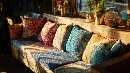Wooden furniture with colorful cushions and vintage bohemian decor in a sunlit roomの素材