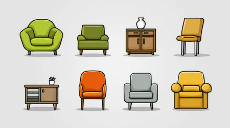 Vector art of furniture layout icons for residential and commercial interiorsの素材