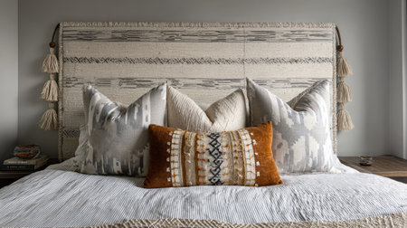 Woven headboard with tribal prints, muted tones, and minimalist Boho-style bedroomの素材