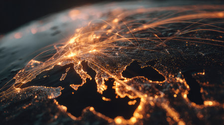 This stunning image presents a nighttime view of Europe, showcasing illuminated cities and vibrant network lines. It emphasizes global connectivity and technological advancement in a captivating visual format.の素材