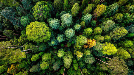 Experience the stunning beauty of a thriving forest from above, showcasing diverse trees and rich green foliage in a peaceful natural setting.の素材
