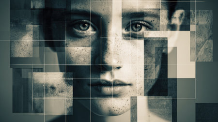 This striking portrait features a young girl with freckles, intermingled with geometric patterns, creating a thought-provoking visual experience that explores identity and emotion.の素材