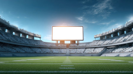 A stunning view of an empty stadium featuring a large digital screen and vibrant green grass under a blue sky, creating a perfect backdrop for events.の素材