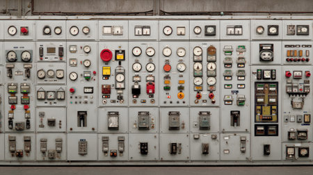 An intricate control panel featuring multiple dials, switches, and gauges set in an industrial environment, illustrating the complexity of modern machinery operations.の素材
