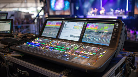 A high-tech digital audio mixing console with colorful illuminated controls presented at a live music event, showcasing the equipment used for sound production in a dynamic concert setting.の素材