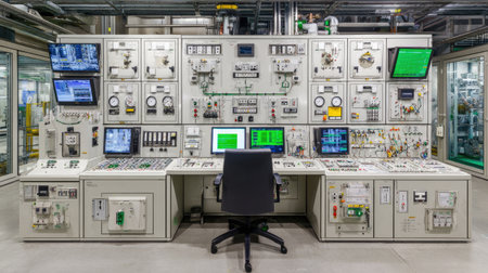 A modern industrial control room featuring multiple monitors and control panels designed for effective automation and process management. Ideal for technical environments.の素材