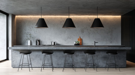 Modern kitchen island with pendant lighting, bar stools, and minimalist decor elementsの素材
