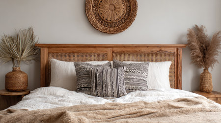 Woven headboard with tribal prints, muted tones, and minimalist Boho-style bedroomの素材