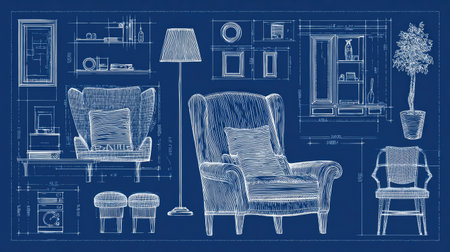 Vector file mockup of symbols used in modern interior design blueprints and draftsの素材