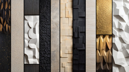 Wall paneling samples in various D textures and finishes arranged side by sideの素材