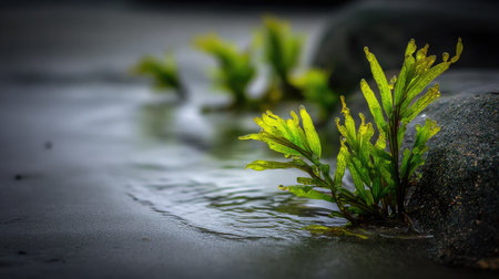 Close-up view of vibrant green aquatic plants thriving near smooth rocks in tranquil water, creating a serene and beautiful natural scene.の素材