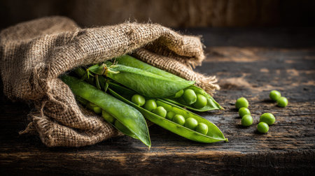 A detailed still life of fresh green peas spilling from a burlap sack, beautifully arranged on a rustic wooden table, showcasing their vibrant color and natural beauty.の素材