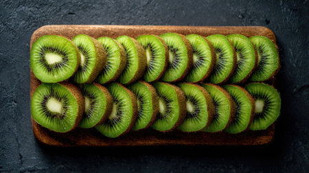 A stunning arrangement of freshly sliced kiwi fruit displayed on a rustic wooden board. The vibrant green slices create an eye-catching visual contrast against the dark background, perfect for showcasing healthy eating and culinary creativity.の素材
