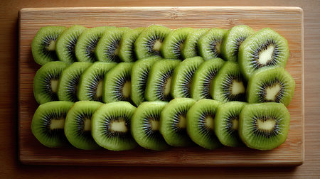 This image showcases beautifully arranged slices of fresh kiwi on a wooden cutting board, illustrating the vibrant colors and textures. Perfect for promoting healthy eating.の素材