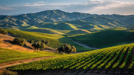 Explore the beauty of a scenic vineyard landscape featuring lush green grapevines set against rolling hills under a vibrant sky. Perfect for nature lovers!の素材