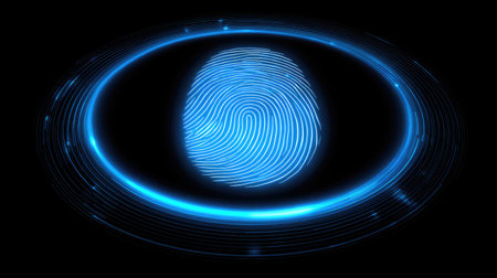 This abstract digital illustration features a glowing blue fingerprint surrounded by vibrant lines on a black background, symbolizing security and identity.の素材