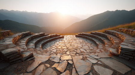 This image captures a breathtaking sunrise over a mountain valley, featuring a unique stone circular structure that invites reflection and tranquility.の素材