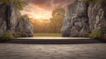 A beautiful outdoor setting depicting rocky formations, lush greenery, and a vibrant sunset, perfect for conveying serenity and natural beauty.の素材