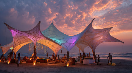 A stunning beach scene capturing a vibrant sunset with colorful canopies, creating a magical atmosphere for gatherings amid nature's beauty.の素材