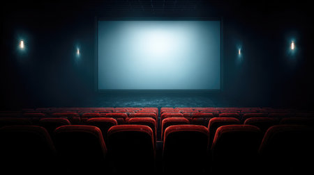 This image captures an empty movie theater featuring red seats and a blank projection screen, enveloped in a dark, atmospheric setting.の素材
