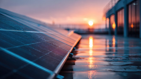Sunset glows over a rooftop showcasing solar panels with shimmering reflections on the surface. This image represents modern renewable energy solutions.の素材