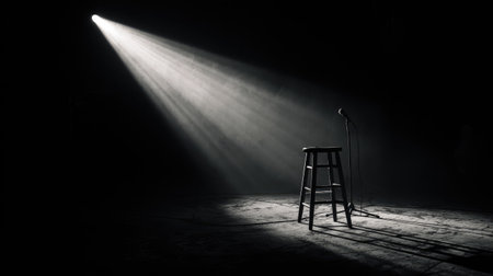 A captivating scene featuring an empty stage with a spotlight casting a dramatic beam on a solitary stool and microphone. The dark background enhances the atmosphere of anticipation and creativity, perfect for themes of performance, art, or solitude.の素材